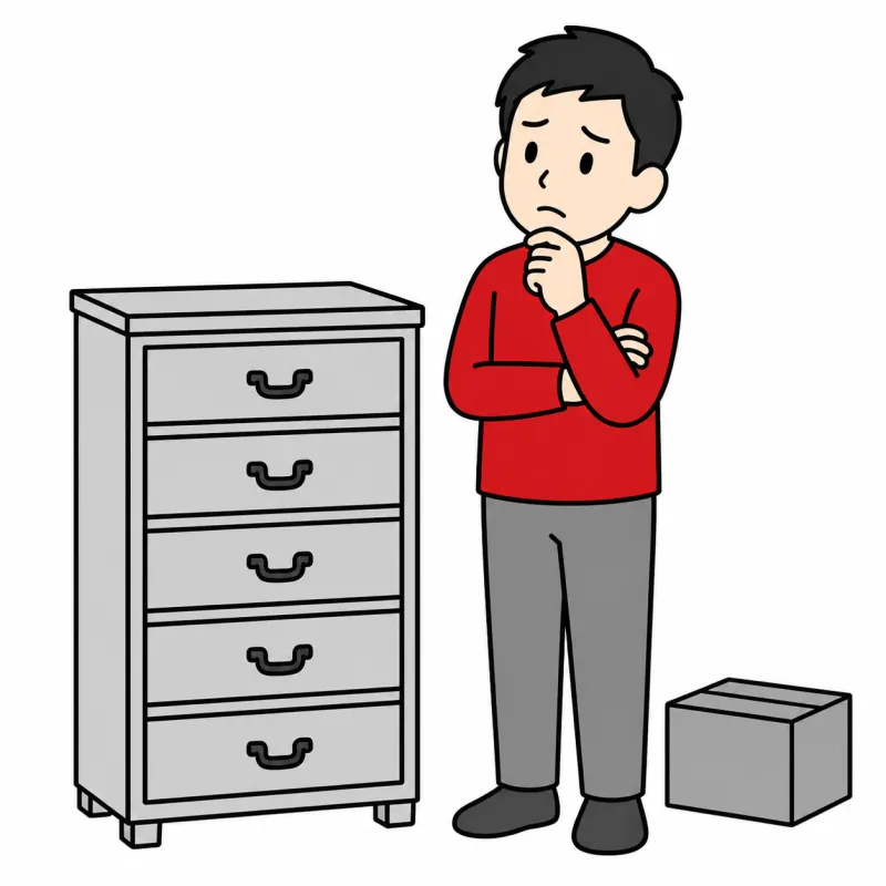 古い家具を前に売れるか悩む人のイラスト