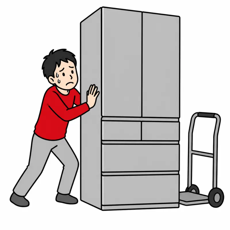大きな冷蔵庫を前に困る人のイラスト