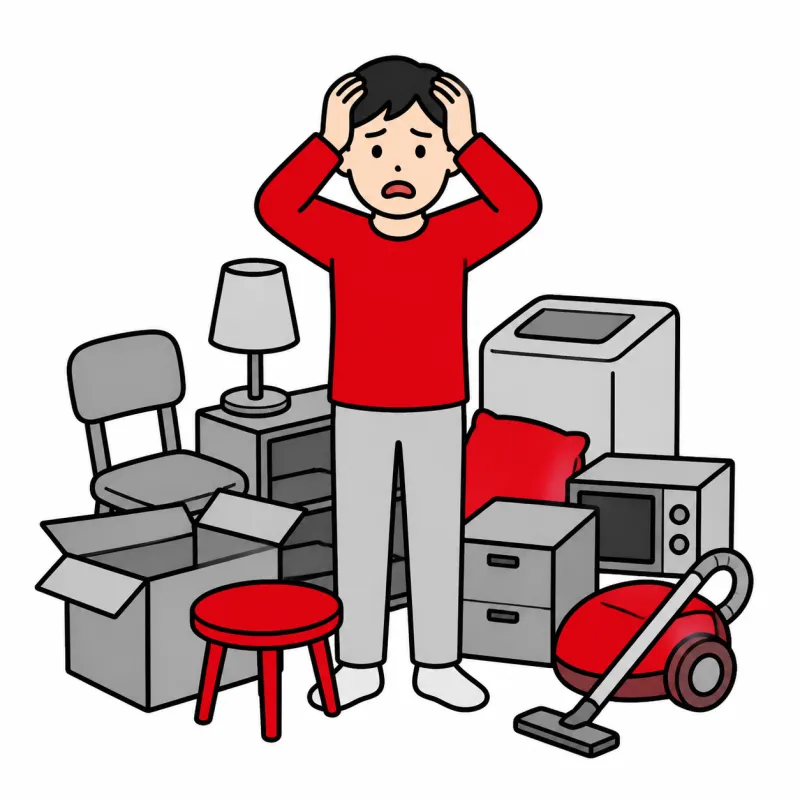 山積みの品物に頭を抱える人のイラスト